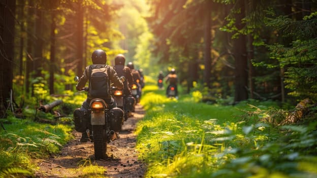 A group of motorcyclists riding through a forest trail.