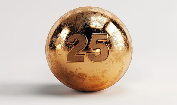 Golden ball with a number 25 on a white background. Selective focus.