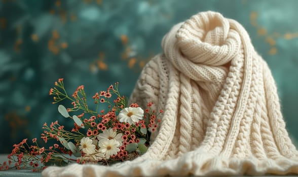 White knitted fabric on the table. Selective focus.