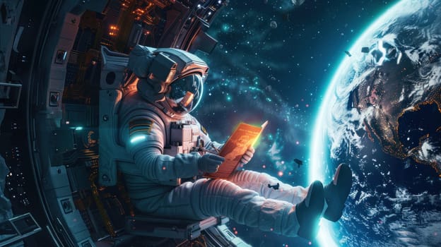 Astronaut reading a glowing, futuristic storybook, floating in a serene space station with Earth visible in the background.