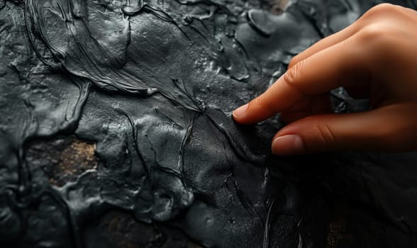 Persons Hand Touching Black Wall. Selective soft focus.