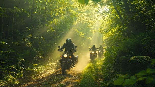 A group of motorcyclists riding through a forest trail.