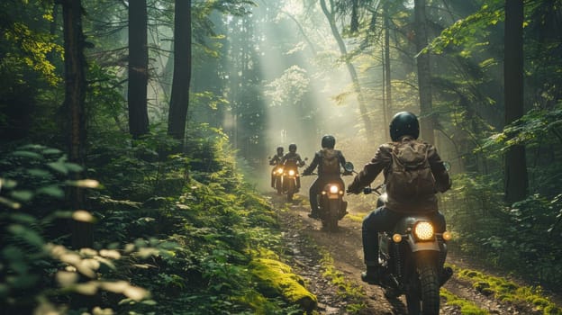 A group of motorcyclists riding through a forest trail.