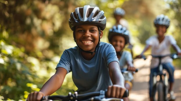 A family biking together on a sunny day through a nature reserve.