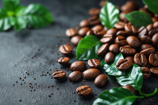 Coffee Beans and Leaves on Dark Background. Selective focus