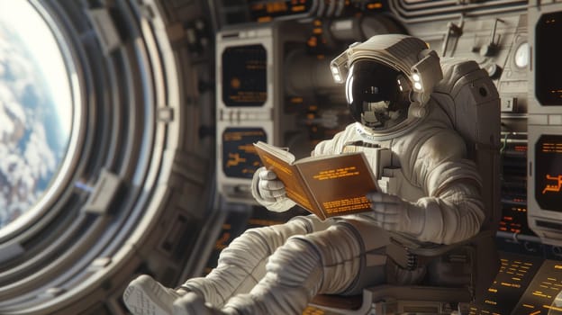 Astronaut reading a glowing, futuristic storybook, floating in a serene space station with Earth visible in the background.