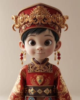 Cartoon, 3D boy in national traditional Asian attire. Selective focus.