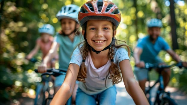 A family biking together on a sunny day through a nature reserve.