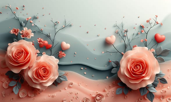 Blooming Roses on Stylized Paper Waves. Selective soft focus.