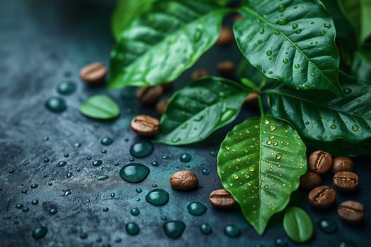 Coffee Beans and Leaves on Dark Background. Selective focus