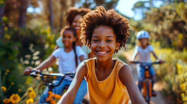 A family biking together on a sunny day through a nature reserve.