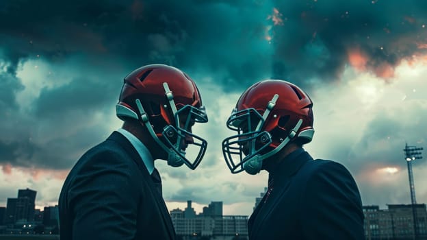 Businessmen in football helmets facing off against cityscape. Concept competition and strategy..