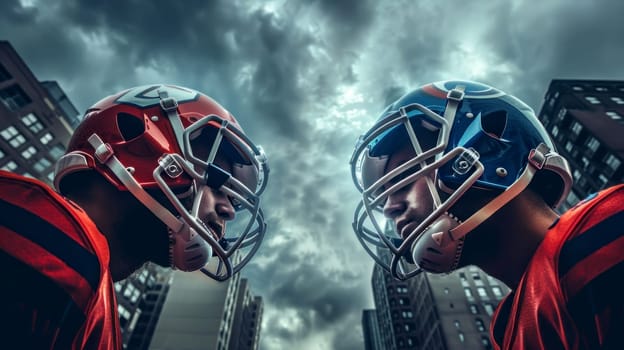 Businessmen in football helmets facing off against cityscape. Concept competition and strategy..