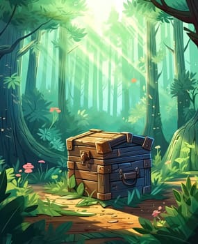 Illustration of a wooden chest in the forest.