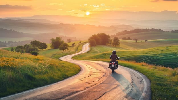 A motorcyclist taking a break on a winding country road.