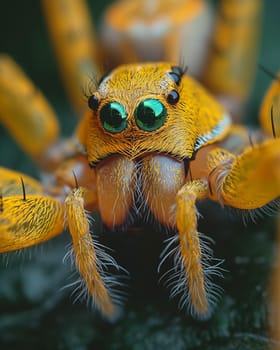 Yellow Spider With Green Eyes Close Up. Selective focus