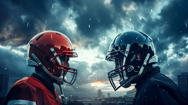 Businessmen in football helmets facing off against cityscape. Concept competition and strategy..