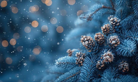 Blue Christmas Tree With Pine Cones. Selective focus