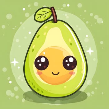 A happy cartoon avocado with a face and a leaf, representing a fruit organism on a green background. It smiles brightly, showcasing natural foods in yellow tones with artistic flair