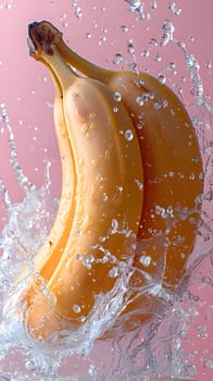 Two bananas are floating in liquid on a pink background, captured in macro photography. The scene resembles a stilllife composition with natural foods in a dish