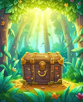 Illustration of a wooden chest in the forest.