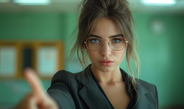 A woman with glasses points on a green background. Selective focus.