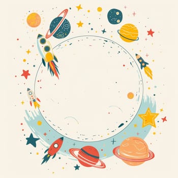 A blue background with a white circle and a bunch of rockets and planets
