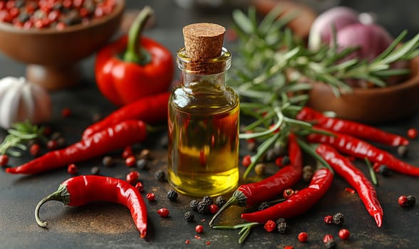 Bottle of Olive Oil and Spices on Table. Selective soft focus.