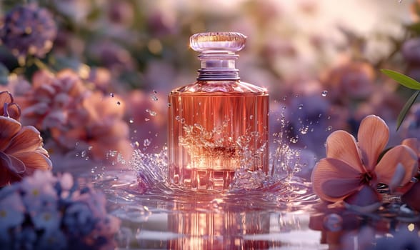 Elegant Perfume Bottle Amidst Lilac Flowers. Selective focus