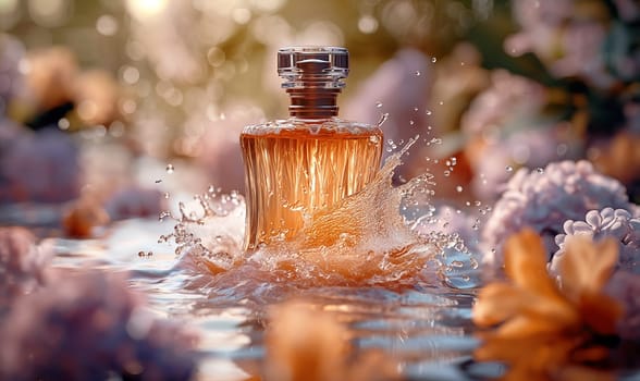 Elegant Perfume Bottle Amidst Lilac Flowers. Selective focus