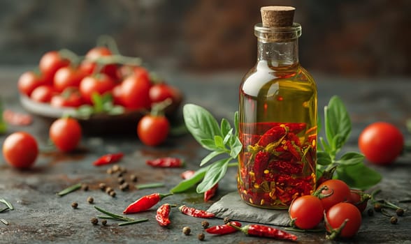 Bottle of Olive Oil and Spices on Table. Selective focus.