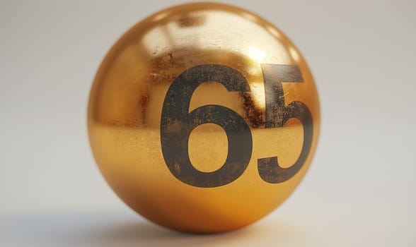 Golden ball with a number 65 on a white background. Selective focus.