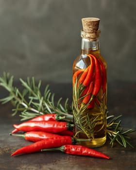 Bottle of Olive Oil and Spices on Table. Selective soft focus.