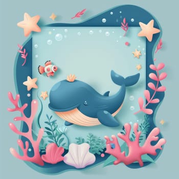 A blue whale is surrounded by a variety of sea creatures and plants. Concept of wonder and curiosity about the ocean and its inhabitants