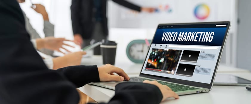 Video Marketing Concept on Laptop Screen. Video Marketing Advertising Business on Social Media and Internet Network Technology Concept