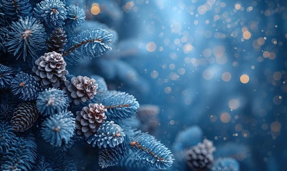 Blue Christmas Tree With Pine Cones. Selective focus