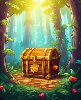 Illustration of a wooden chest in the forest.