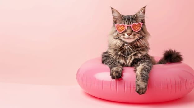 A cat wearing pink sunglasses is sitting on a pink inflatable pool