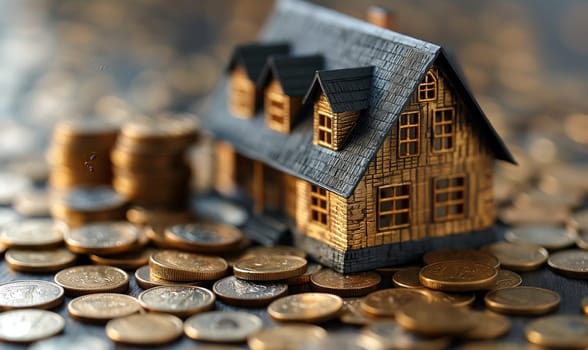 Model House Atop Gold Coins. Selective focus