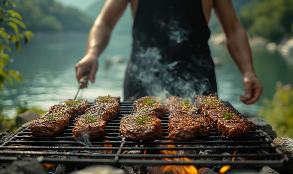 Man Grilling Meat Outdoors. Selective focus.