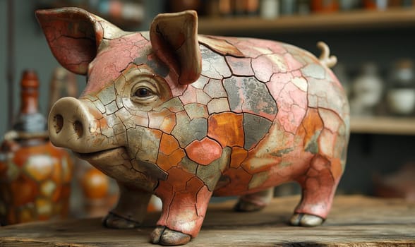 A cracked old piggy bank on the table. Selective soft focus.