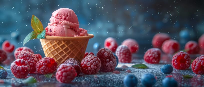 Ice cream with raspberries and blueberries. Selective focus.