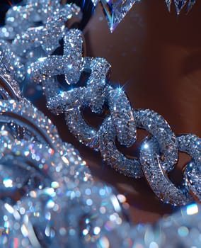 A closeup of an electric blue chain with dazzling diamonds, resembling the scaled skin of a marine reptile. A unique fashion accessory inspired by terrestrial plants and macro photography