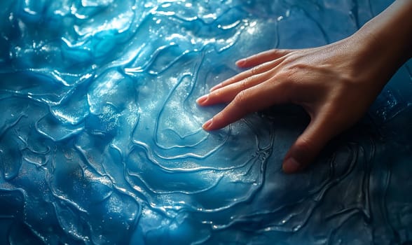 Mans Hand Touching Blue Wall. Selective soft focus.