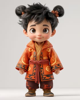 Cartoon, 3D boy in national traditional Asian attire. Selective focus.