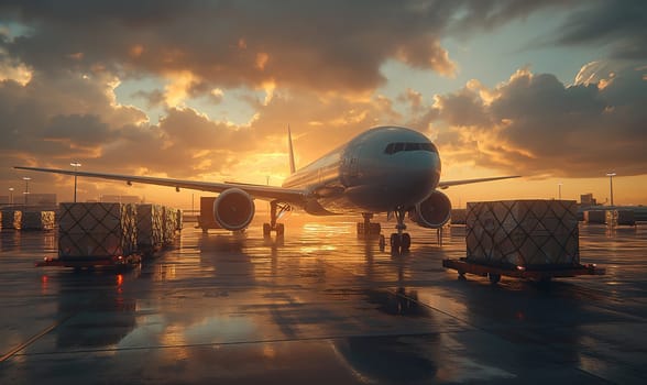 Sunset View of Airplane on Wet Tarmac. Selective focus.