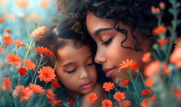 Woman and Child Exploring Flower Field. Selective focus