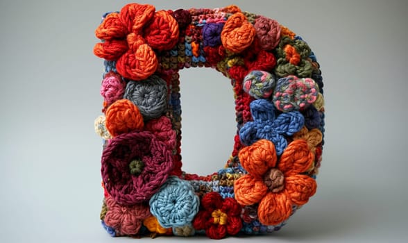 Knitted colored letter D on an abstract background. Selective focus.