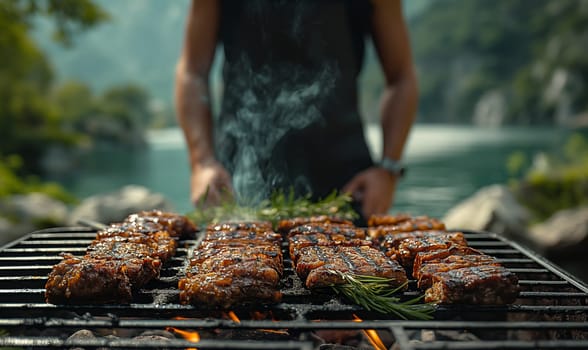 Man Grilling Meat Outdoors. Selective focus.