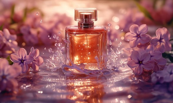 Elegant Perfume Bottle Amidst Lilac Flowers. Selective focus